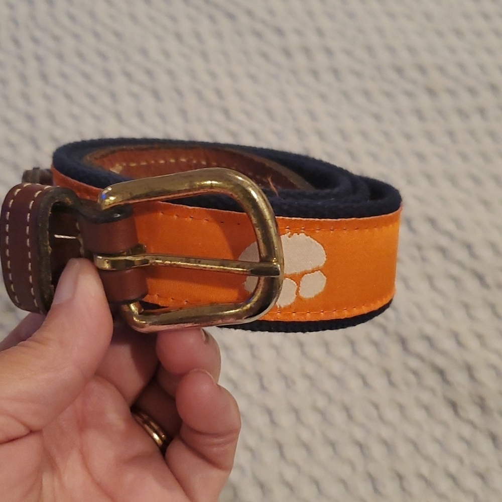 Clemson Tigers Canvas Leather Belt Orange Paw Ribbon Adult Size 34